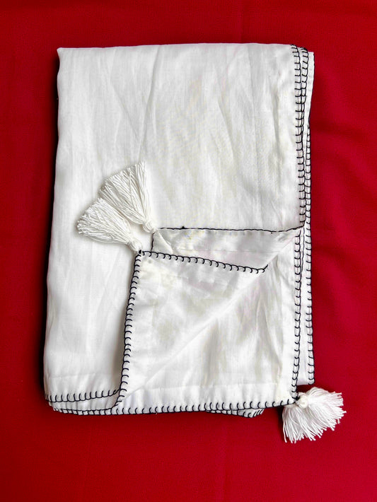 Pure Cotton Kaaj Taanka Dupatta - White