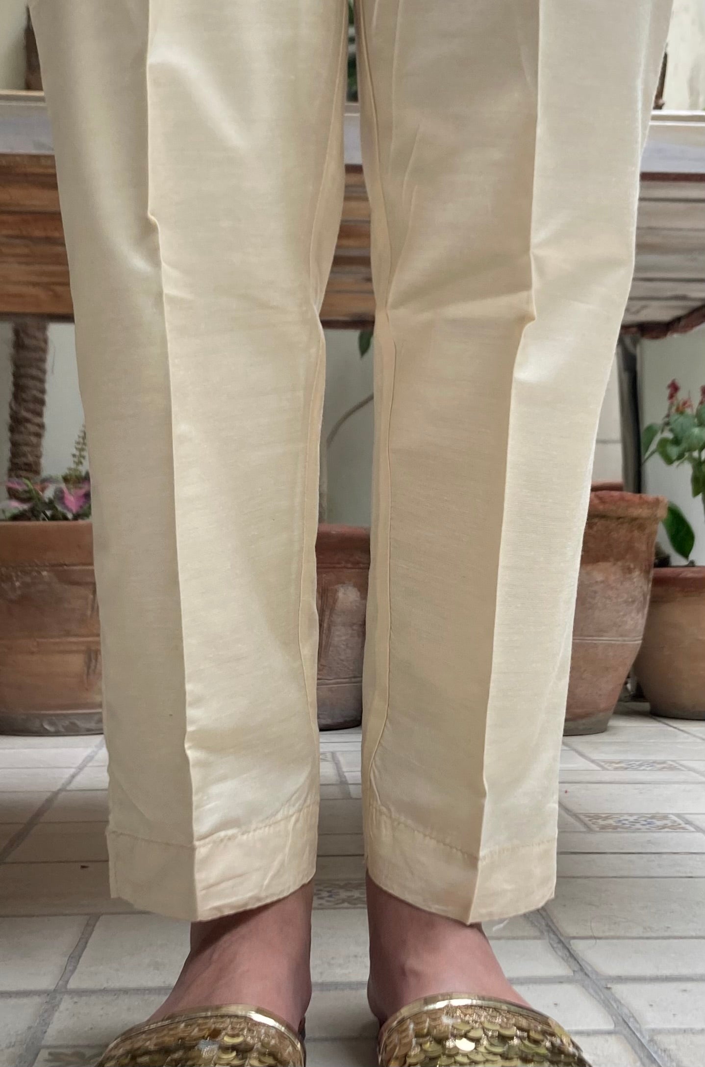 Plain Cotton Silk Trousers - Beige