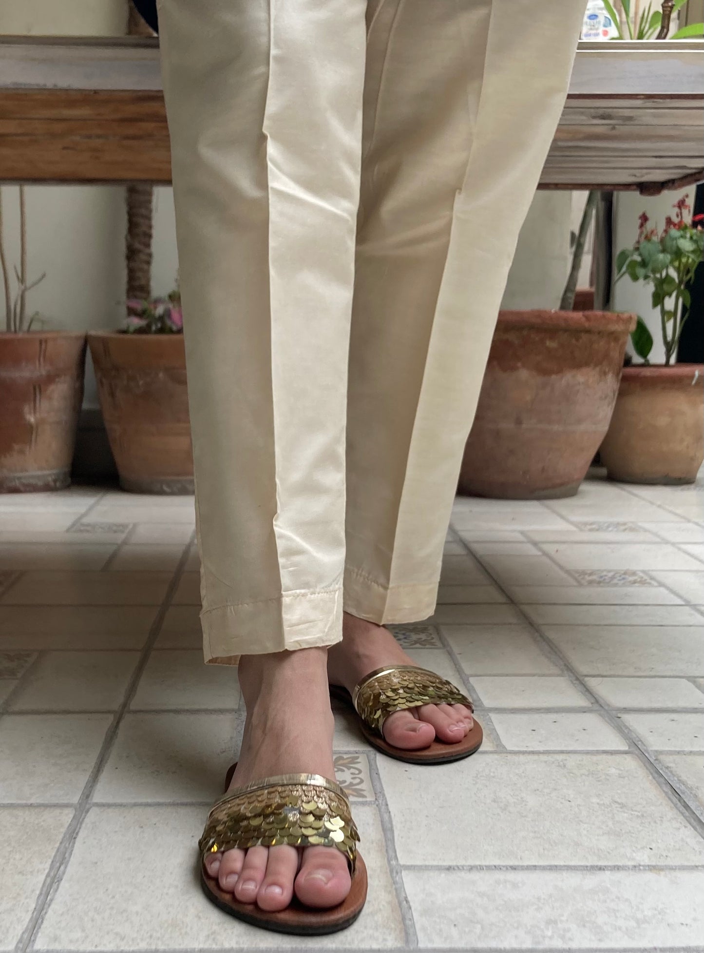 Plain Cotton Silk Trousers - Beige