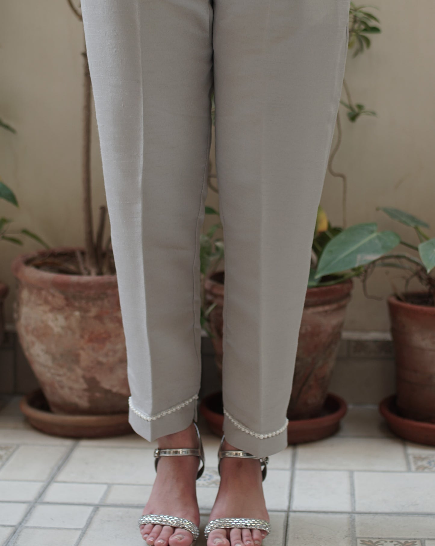 Raw Silk Trousers - Pearl Grey