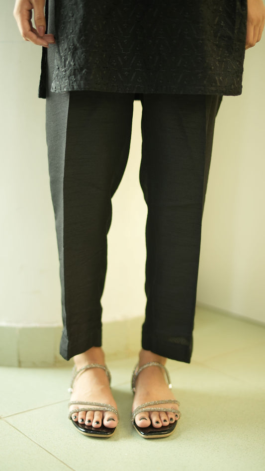 Plain Raw Silk Trousers - Black