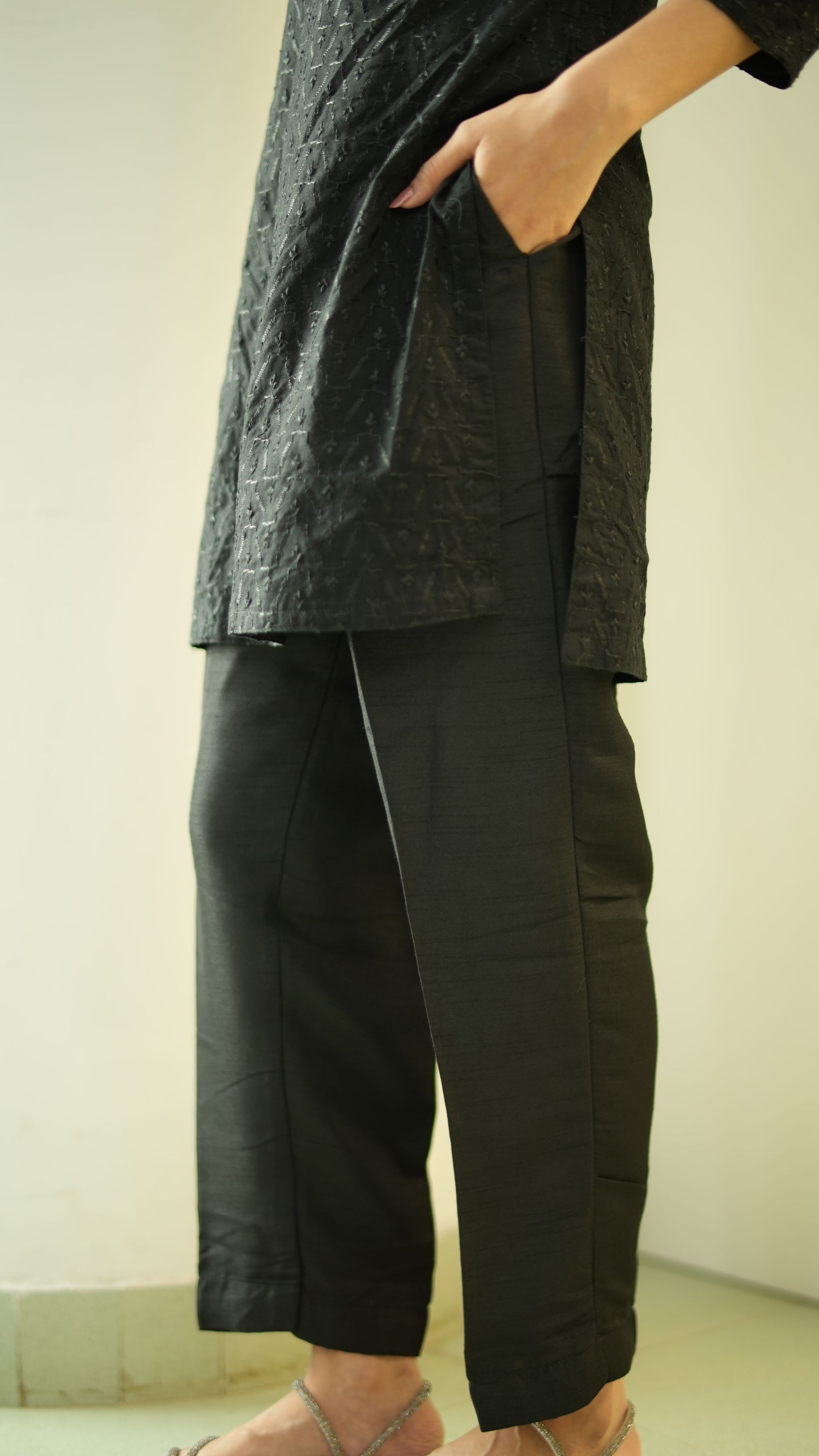 Plain Raw Silk Trousers - Black