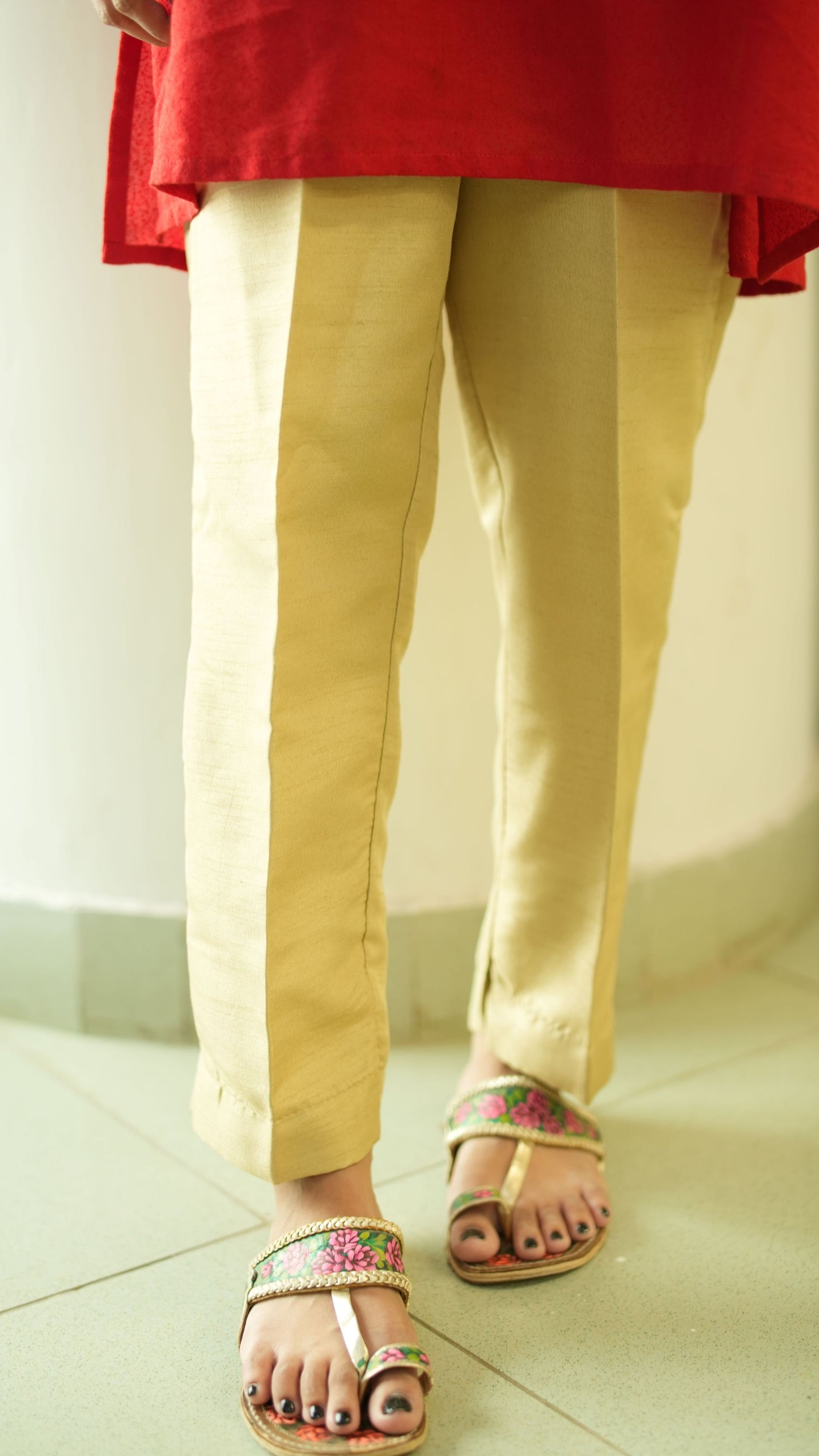 Plain Raw Silk Trousers - Beige